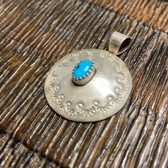 vintage Sterling Silver Concho Pendant with turquoise stone - Picture 2 of 5